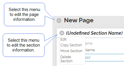 Select the menus next to the Section and Page names for the options Edit, Copy, Move, and Delete.